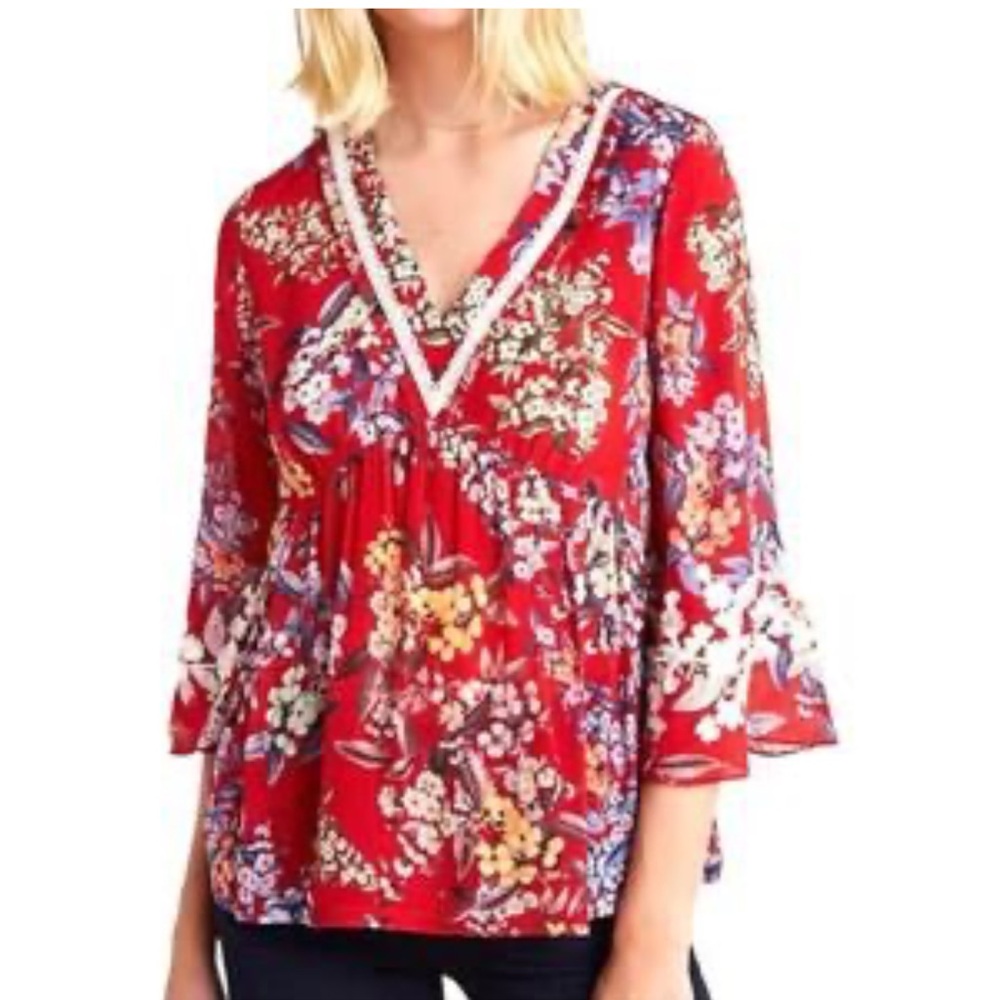 ANTHROPOLOGIE VINEET BAHL Jessamine Floral Blouse in Red size XL
